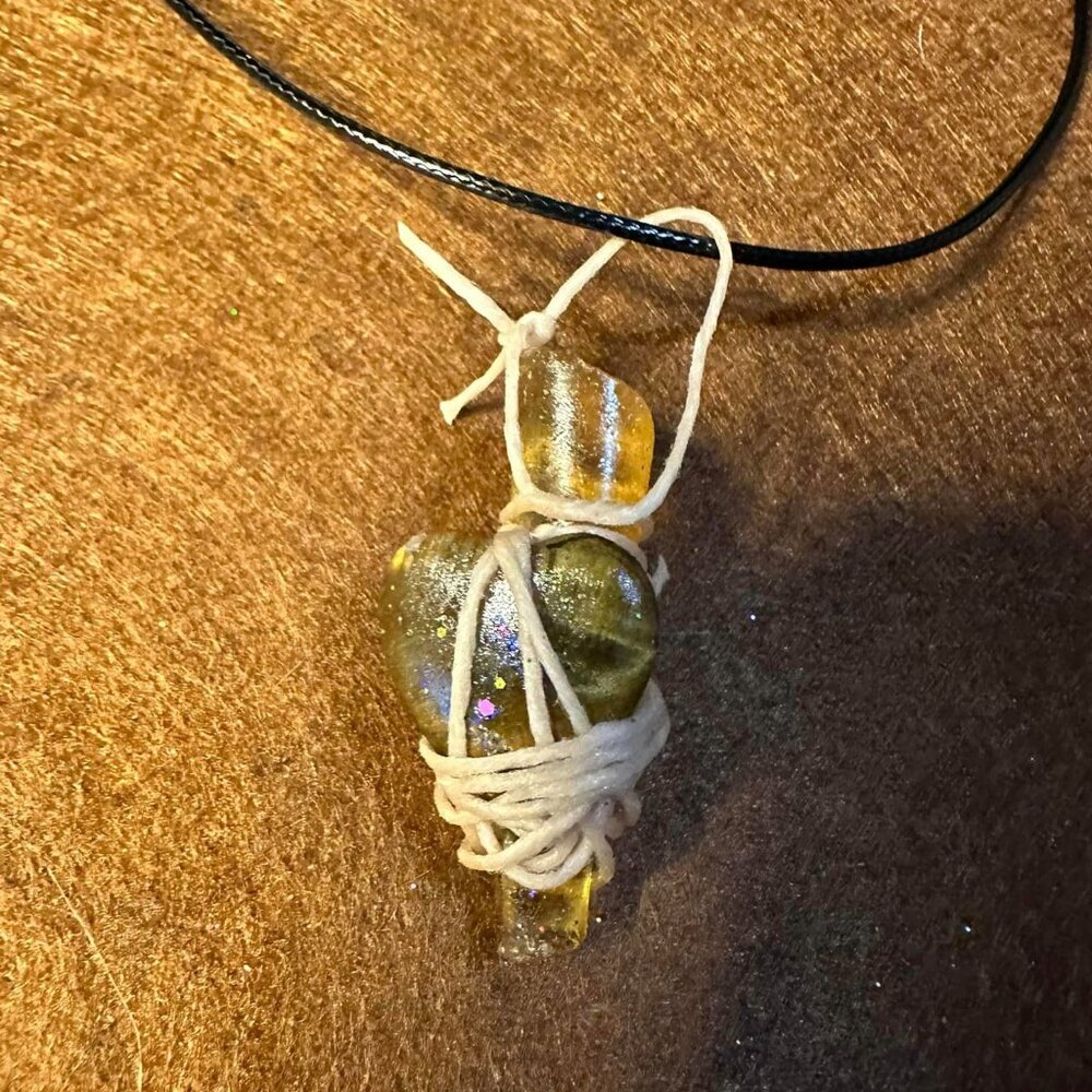 Hand wrapped tiger eye heart/Amber necklace